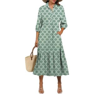 image:imageANRABESS Women Summer Dress 2026 34 Puff Sleeve Polo V Neck Floral Print Casual Boho Shirt Maxi Dress Beach Vacation ClothesGreen