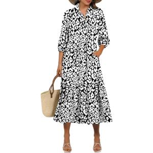 image:imageANRABESS Women Summer Dress 2026 34 Puff Sleeve Polo V Neck Floral Print Casual Boho Shirt Maxi Dress Beach Vacation ClothesLeopard Print