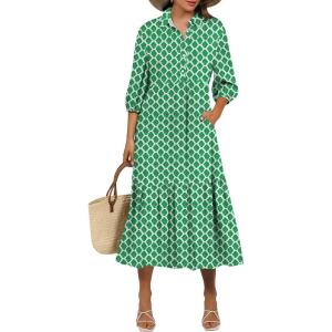 image:imageANRABESS Women Summer Dress 2026 34 Puff Sleeve Polo V Neck Floral Print Casual Boho Shirt Maxi Dress Beach Vacation ClothesLight Green