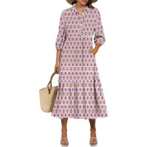 image:imageANRABESS Women Summer Dress 2026 34 Puff Sleeve Polo V Neck Floral Print Casual Boho Shirt Maxi Dress Beach Vacation ClothesPink White