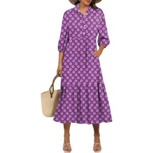 image:imageANRABESS Women Summer Dress 2026 34 Puff Sleeve Polo V Neck Floral Print Casual Boho Shirt Maxi Dress Beach Vacation ClothesPurple Floral