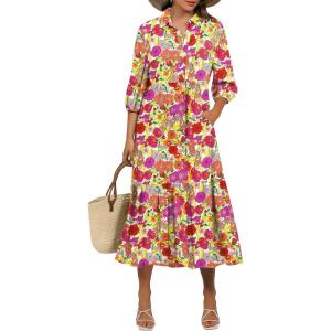 image:imageANRABESS Women Summer Dress 2026 34 Puff Sleeve Polo V Neck Floral Print Casual Boho Shirt Maxi Dress Beach Vacation ClothesPurple Orange Floral