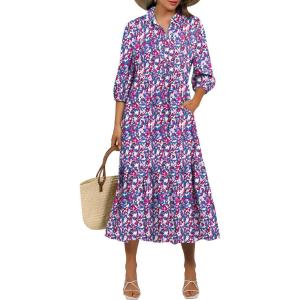 image:imageANRABESS Women Summer Dress 2026 34 Puff Sleeve Polo V Neck Floral Print Casual Boho Shirt Maxi Dress Beach Vacation ClothesPurple Pink Floral