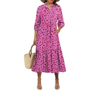 image:imageANRABESS Women Summer Dress 2026 34 Puff Sleeve Polo V Neck Floral Print Casual Boho Shirt Maxi Dress Beach Vacation ClothesRose Red Floral