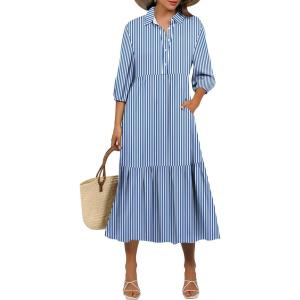 image:imageANRABESS Women Summer Dress 2026 34 Puff Sleeve Polo V Neck Floral Print Casual Boho Shirt Maxi Dress Beach Vacation ClothesStripe Blue White