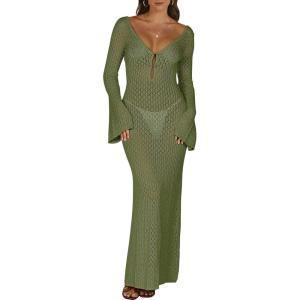 image:imageANRABESS Women Swimsuit Swim Crochet Cover Up Knit Bathing Suit Swimwear 2026 Summer Bodycon Beach Dress Vacation ClothesArmy Green