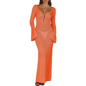 image:imageANRABESS Women Swimsuit Swim Crochet Cover Up Knit Bathing Suit Swimwear 2026 Summer Bodycon Beach Dress Vacation ClothesOrange