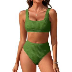 image:imageANRABESS Women Two Piece Bikini Sets High Waist Square Neck Swimsuits Ribbed Textured Comfy Bathing SuitsBeach Swim WearArmy Green