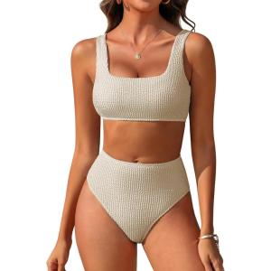 image:imageANRABESS Women Two Piece Bikini Sets High Waist Square Neck Swimsuits Ribbed Textured Comfy Bathing SuitsBeach Swim WearBeige