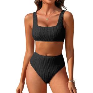image:imageANRABESS Women Two Piece Bikini Sets High Waist Square Neck Swimsuits Ribbed Textured Comfy Bathing SuitsBeach Swim WearBlack