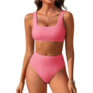 image:imageANRABESS Women Two Piece Bikini Sets High Waist Square Neck Swimsuits Ribbed Textured Comfy Bathing SuitsBeach Swim WearCoral Pink