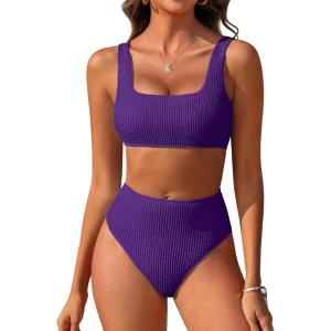 image:imageANRABESS Women Two Piece Bikini Sets High Waist Square Neck Swimsuits Ribbed Textured Comfy Bathing SuitsBeach Swim WearDark Purple