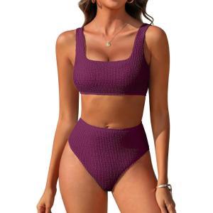 image:imageANRABESS Women Two Piece Bikini Sets High Waist Square Neck Swimsuits Ribbed Textured Comfy Bathing SuitsBeach Swim WearFuchsia