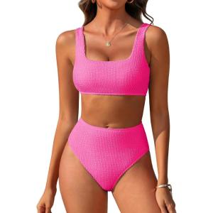 image:imageANRABESS Women Two Piece Bikini Sets High Waist Square Neck Swimsuits Ribbed Textured Comfy Bathing SuitsBeach Swim WearHot Pink