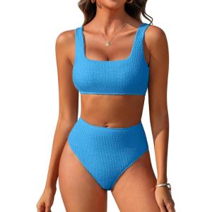 image:imageANRABESS Women Two Piece Bikini Sets High Waist Square Neck Swimsuits Ribbed Textured Comfy Bathing SuitsBeach Swim WearLight Blue
