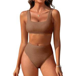image:imageANRABESS Women Two Piece Bikini Sets High Waist Square Neck Swimsuits Ribbed Textured Comfy Bathing SuitsBeach Swim WearLight Brown