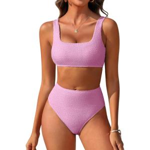 image:imageANRABESS Women Two Piece Bikini Sets High Waist Square Neck Swimsuits Ribbed Textured Comfy Bathing SuitsBeach Swim WearLight Pink