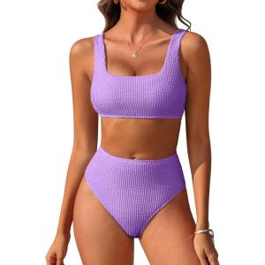 image:imageANRABESS Women Two Piece Bikini Sets High Waist Square Neck Swimsuits Ribbed Textured Comfy Bathing SuitsBeach Swim WearLight Purple