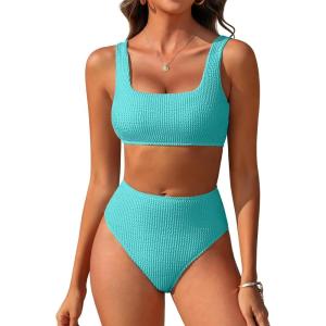 image:imageANRABESS Women Two Piece Bikini Sets High Waist Square Neck Swimsuits Ribbed Textured Comfy Bathing SuitsBeach Swim WearMint Blue