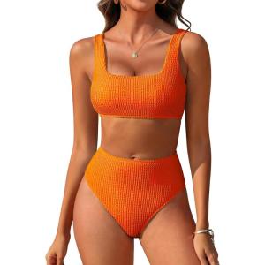 image:imageANRABESS Women Two Piece Bikini Sets High Waist Square Neck Swimsuits Ribbed Textured Comfy Bathing SuitsBeach Swim WearNeon Orange
