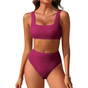 image:imageANRABESS Women Two Piece Bikini Sets High Waist Square Neck Swimsuits Ribbed Textured Comfy Bathing SuitsBeach Swim WearPurple Red