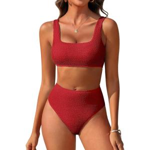 image:imageANRABESS Women Two Piece Bikini Sets High Waist Square Neck Swimsuits Ribbed Textured Comfy Bathing SuitsBeach Swim WearRed