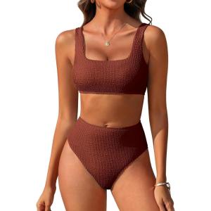 image:imageANRABESS Women Two Piece Bikini Sets High Waist Square Neck Swimsuits Ribbed Textured Comfy Bathing SuitsBeach Swim WearRed Brown