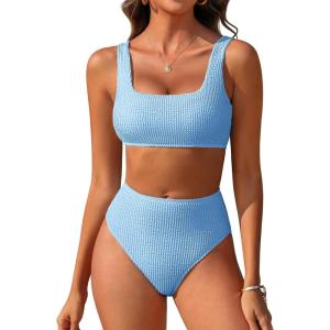 image:imageANRABESS Women Two Piece Bikini Sets High Waist Square Neck Swimsuits Ribbed Textured Comfy Bathing SuitsBeach Swim WearSky Blue