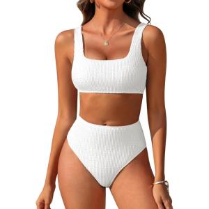 image:imageANRABESS Women Two Piece Bikini Sets High Waist Square Neck Swimsuits Ribbed Textured Comfy Bathing SuitsBeach Swim WearWhite