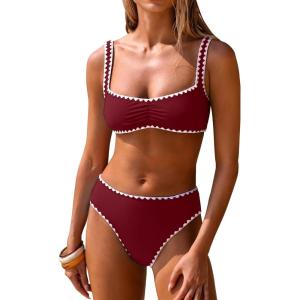 image:imageANRABESS Womens Bikini Sets Two Piece Swimsuit Ribbed Front Ruched Mid Waisted Bathing Suit Color Block 2026 Beach SwimwearDeep Red
