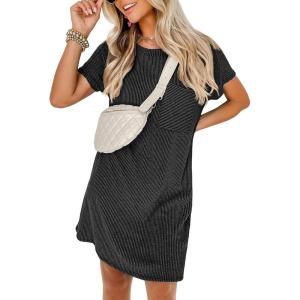 image:imageANRABESS Womens Casual Summer Ribbed Knit Tunic Tshirt Mini Dresses 2026 Trendy Crewneck Short Sleeve Beach Loose Shift DressDark Gray