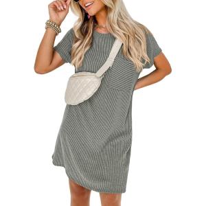 image:imageANRABESS Womens Casual Summer Ribbed Knit Tunic Tshirt Mini Dresses 2026 Trendy Crewneck Short Sleeve Beach Loose Shift DressGray Green
