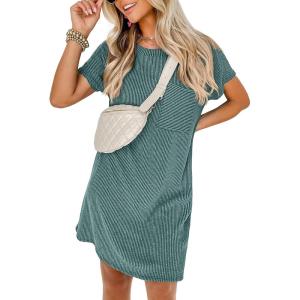 image:imageANRABESS Womens Casual Summer Ribbed Knit Tunic Tshirt Mini Dresses 2026 Trendy Crewneck Short Sleeve Beach Loose Shift DressLight Green