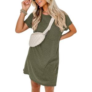 image:imageANRABESS Womens Casual Summer Ribbed Knit Tunic Tshirt Mini Dresses 2026 Trendy Crewneck Short Sleeve Beach Loose Shift DressOlive