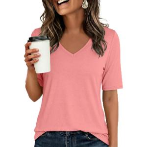 image:imageANRABESS Womens Half Sleeve Tops V Neck Shirts Basic Fit Tee Trendy Summer Business Casual TShirts Fashion Clothing 2026Coral