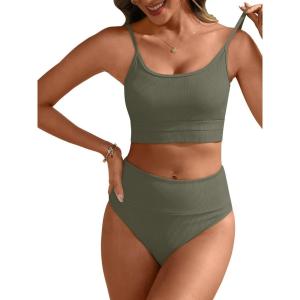 image:imageANRABESS Womens High Waisted Bikini SetsColor Block 2 Piece SwimsuitsTummy Control Bathing SuitsThick Ribbed Beach WearArmy Green