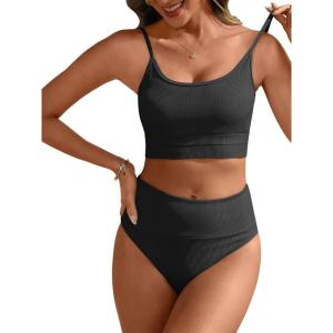image:imageANRABESS Womens High Waisted Bikini SetsColor Block 2 Piece SwimsuitsTummy Control Bathing SuitsThick Ribbed Beach WearBlack