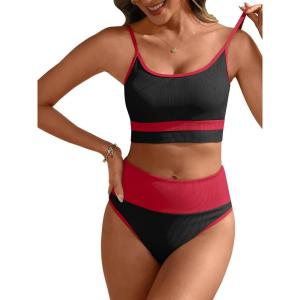 image:imageANRABESS Womens High Waisted Bikini SetsColor Block 2 Piece SwimsuitsTummy Control Bathing SuitsThick Ribbed Beach WearBlack Red