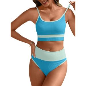 image:imageANRABESS Womens High Waisted Bikini SetsColor Block 2 Piece SwimsuitsTummy Control Bathing SuitsThick Ribbed Beach WearBlue Green