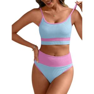 image:imageANRABESS Womens High Waisted Bikini SetsColor Block 2 Piece SwimsuitsTummy Control Bathing SuitsThick Ribbed Beach WearBlue Pink
