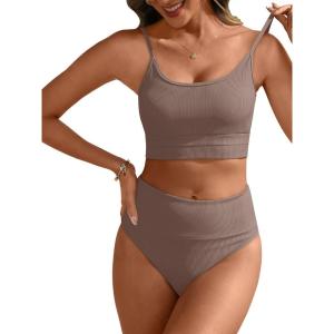 image:imageANRABESS Womens High Waisted Bikini SetsColor Block 2 Piece SwimsuitsTummy Control Bathing SuitsThick Ribbed Beach WearBrown