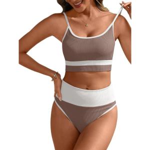 image:imageANRABESS Womens High Waisted Bikini SetsColor Block 2 Piece SwimsuitsTummy Control Bathing SuitsThick Ribbed Beach WearBrown White