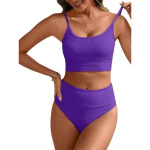 image:imageANRABESS Womens High Waisted Bikini SetsColor Block 2 Piece SwimsuitsTummy Control Bathing SuitsThick Ribbed Beach WearDeep Purple