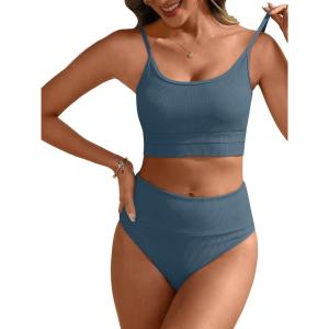 image:imageANRABESS Womens High Waisted Bikini SetsColor Block 2 Piece SwimsuitsTummy Control Bathing SuitsThick Ribbed Beach WearGrey Blue