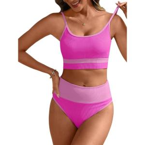 image:imageANRABESS Womens High Waisted Bikini SetsColor Block 2 Piece SwimsuitsTummy Control Bathing SuitsThick Ribbed Beach WearHot Pink