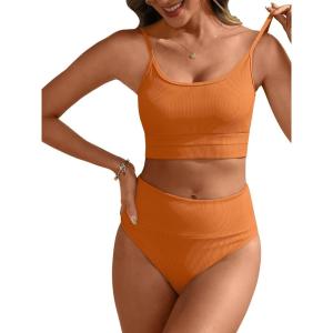 image:imageANRABESS Womens High Waisted Bikini SetsColor Block 2 Piece SwimsuitsTummy Control Bathing SuitsThick Ribbed Beach WearOrange