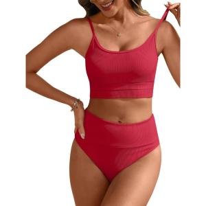 image:imageANRABESS Womens High Waisted Bikini SetsColor Block 2 Piece SwimsuitsTummy Control Bathing SuitsThick Ribbed Beach WearRed