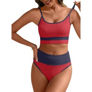 image:imageANRABESS Womens High Waisted Bikini SetsColor Block 2 Piece SwimsuitsTummy Control Bathing SuitsThick Ribbed Beach WearRed Navy