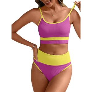 image:imageANRABESS Womens High Waisted Bikini SetsColor Block 2 Piece SwimsuitsTummy Control Bathing SuitsThick Ribbed Beach WearRose Yellow