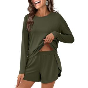 image:imageANRABESS Womens Long Sleeve Pajama Sets 2026 Fall 2 Piece Outfits Lounge Matching Short Set Striped Pjs Loungewear SleepwearArmy Green